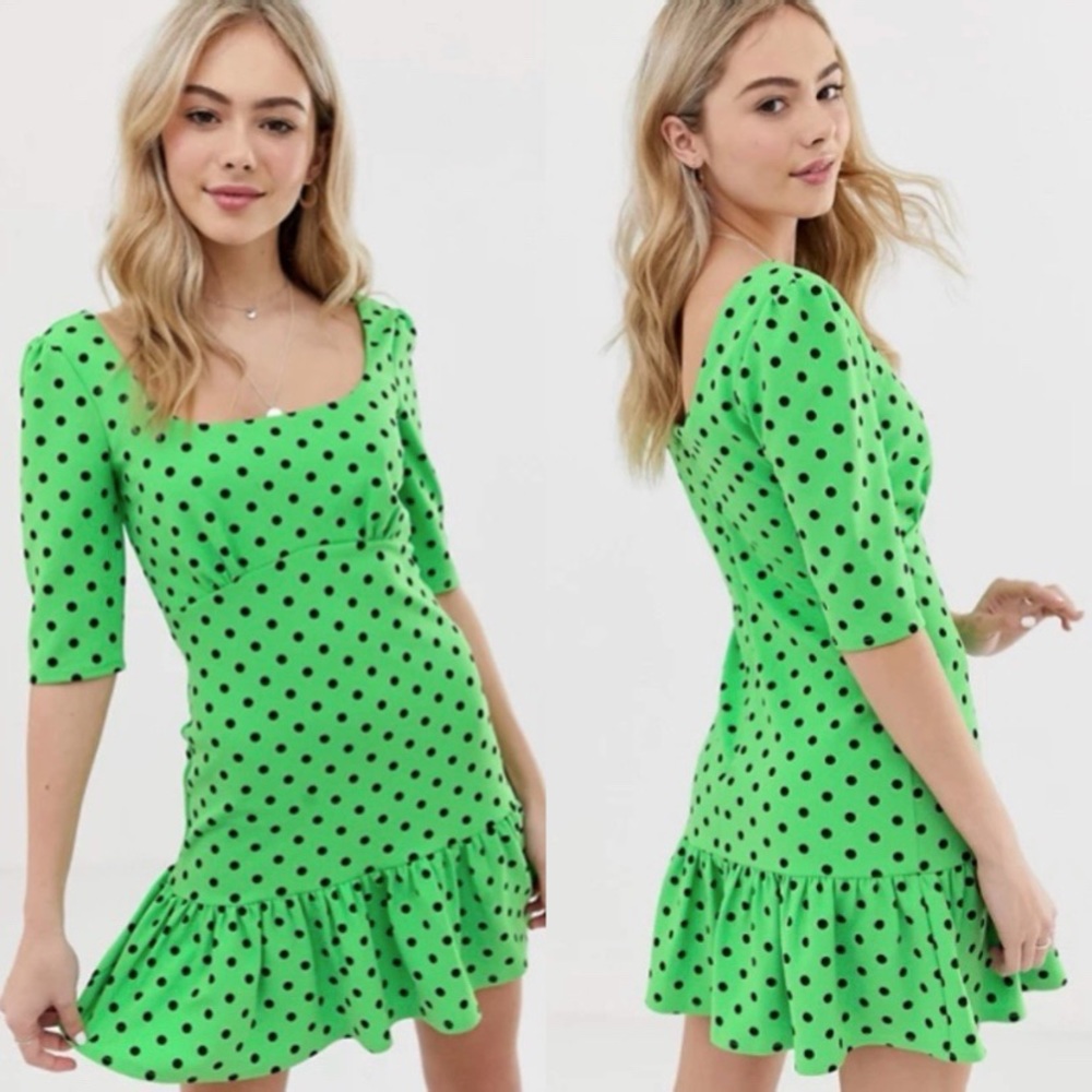 ASOS Green Polka Dot Mini Dress With Pep Hem